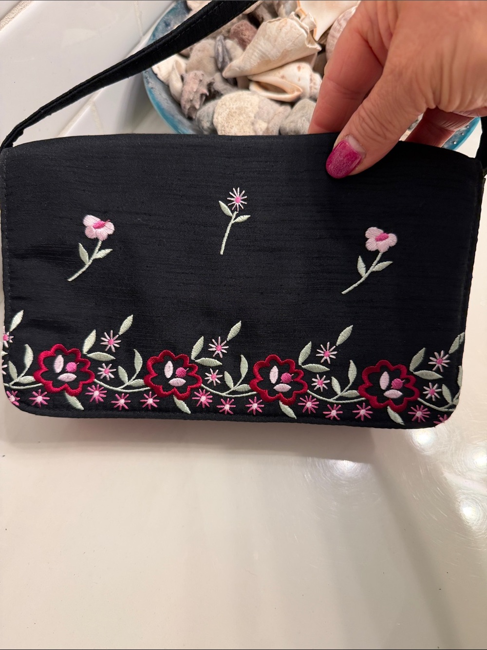 Liz Claiborne Black Shoulder Bag with Pink & Cream Floral Embroidery - Picture 2 of 5